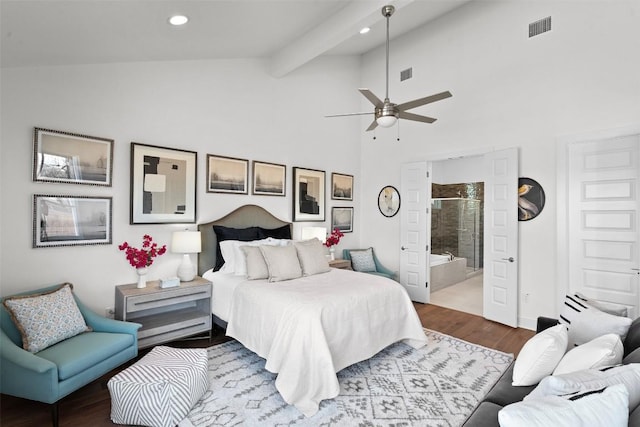 6020 Sendero Hills Pkwy, Austin, TX 78724 - bedroom with wood finished floors, recessed lighting, beamed ceiling, ensuite bathroom, and high vaulted ceiling