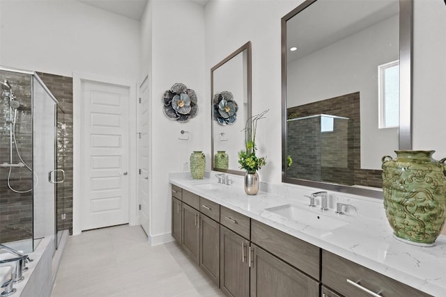 6020 Sendero Hills Pkwy, Austin, TX 78724 - bathroom featuring double vanity, a stall shower, and tile patterned flooring
