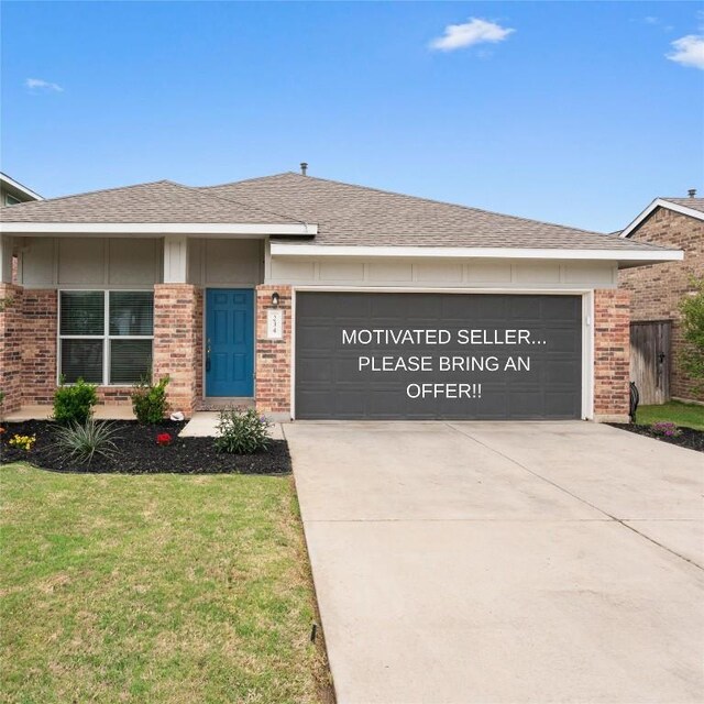234 George Neggan Ln, Bastrop, TX 78602 - ranch-style home with brick siding, an attached garage, driveway, and a shingled roof