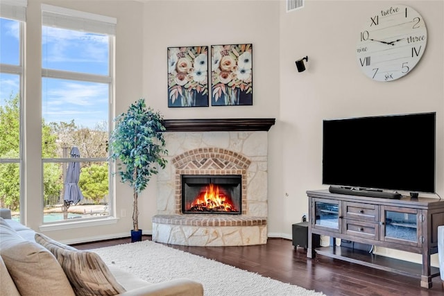 3925 Good Night Trl, Leander, TX 78641 - living room with dark wood-style floors and a fireplace