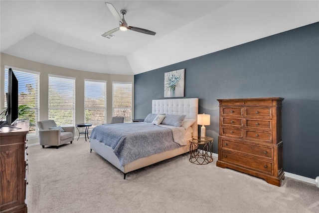 3925 Good Night Trl, Leander, TX 78641 - bedroom with light colored carpet, lofted ceiling, baseboards, and a ceiling fan