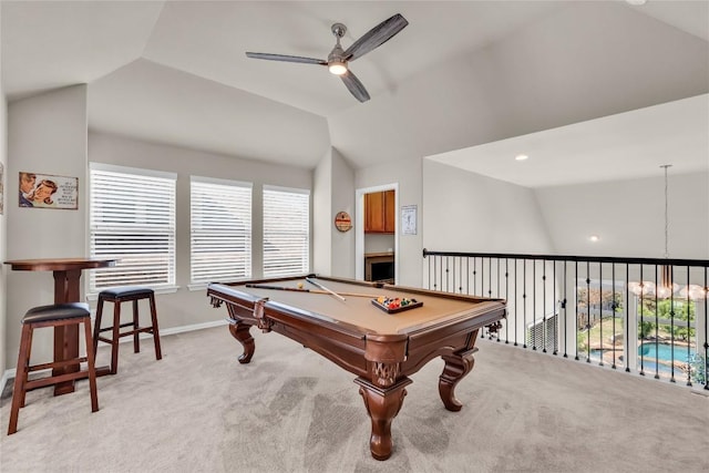 3925 Good Night Trl, Leander, TX 78641 - recreation room featuring ceiling fan, lofted ceiling, light carpet, and billiards table
