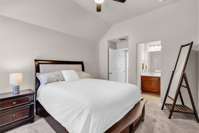 3925 Good Night Trl, Leander, TX 78641 - bedroom featuring lofted ceiling, light carpet, ensuite bath, and ceiling fan