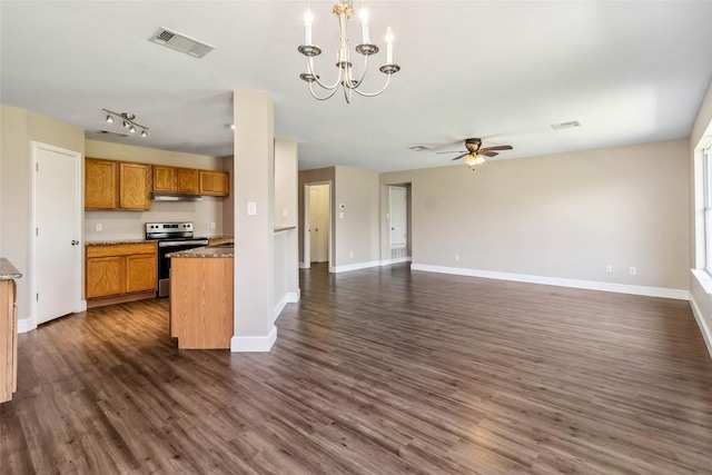 804 Lavaca Loop, Elgin, TX 78621 - kitchen with electric stove, open floor plan, a chandelier, a ceiling fan, and dark wood-style floors