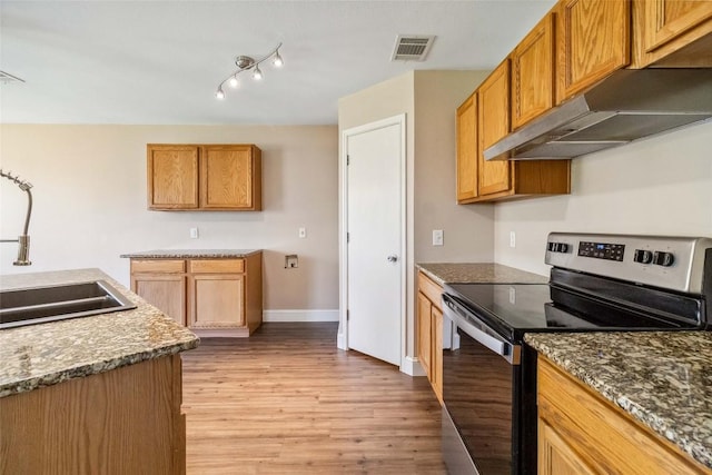 804 Lavaca Loop, Elgin, TX 78621 - kitchen featuring electric range, exhaust hood, wood finished floors, and brown cabinets
