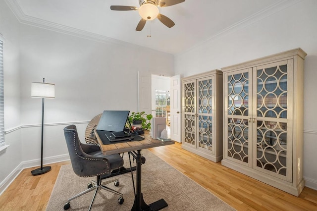 5204 Eagle Trace Trl, Austin, TX 78730 - office area with a ceiling fan, light wood-style flooring, ornamental molding, and baseboards