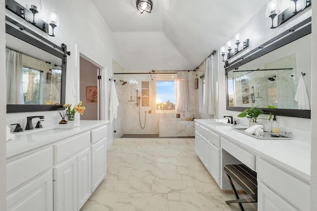 5204 Eagle Trace Trl, Austin, TX 78730 - full bath featuring marble look tiles, a marble finish shower, healthy amount of natural light, and vaulted ceiling