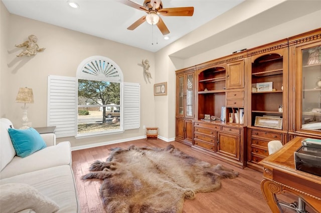 3028 Indigo Trl, Round Rock, TX 78665 - home office featuring a ceiling fan, wood finished floors, and recessed lighting