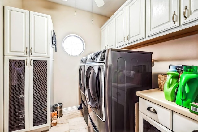 3028 Indigo Trl, Round Rock, TX 78665 - laundry area featuring washer and dryer, cabinet space, a heating unit, baseboards, and a ceiling fan