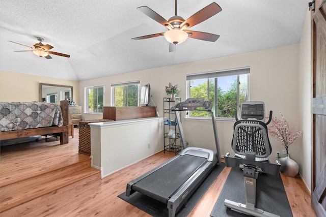 exercise area featuring a textured ceiling, ceiling fan, light wood-type flooring, and vaulted ceiling