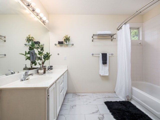8001 Rimini Trl, Austin, TX 78729 - full bathroom featuring double vanity, marble look tiles, and shower / bath combo with shower curtain