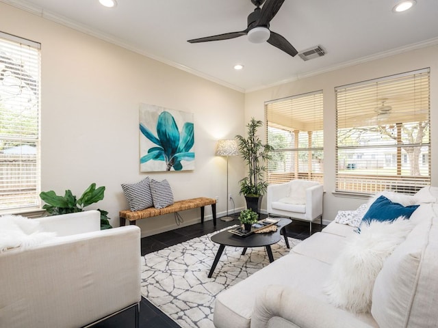 8001 Rimini Trl, Austin, TX 78729 - living area with a ceiling fan, recessed lighting, crown molding, healthy amount of natural light, and baseboards