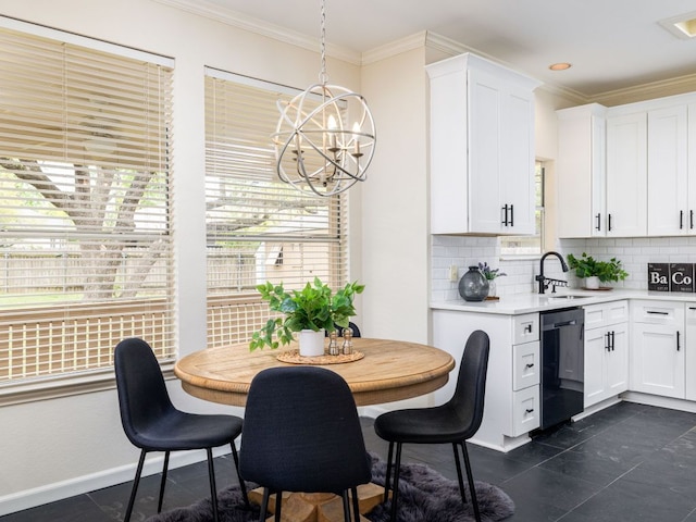 8001 Rimini Trl, Austin, TX 78729 - dining area with a chandelier, ornamental molding, baseboards, and dark tile patterned floors
