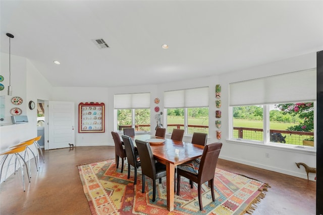 dining space featuring visible vents, recessed lighting, baseboards, and plenty of natural light