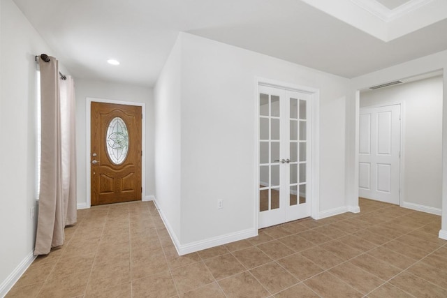 839 Salado Creek Ln, Georgetown, TX 78633 - foyer with light tile patterned flooring, french doors, recessed lighting, baseboards, and visible vents