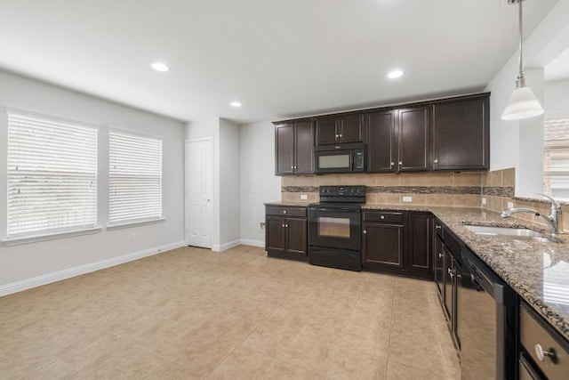 839 Salado Creek Ln, Georgetown, TX 78633 - kitchen with a sink, decorative backsplash, dark brown cabinetry, and black appliances