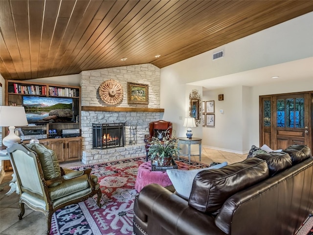 105 Capri, Lakeway, TX 78734 - living room featuring vaulted ceiling, wooden ceiling, and a fireplace