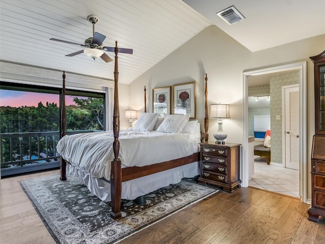 105 Capri, Lakeway, TX 78734 - bedroom featuring vaulted ceiling, wood finished floors, ceiling fan, and wooden ceiling