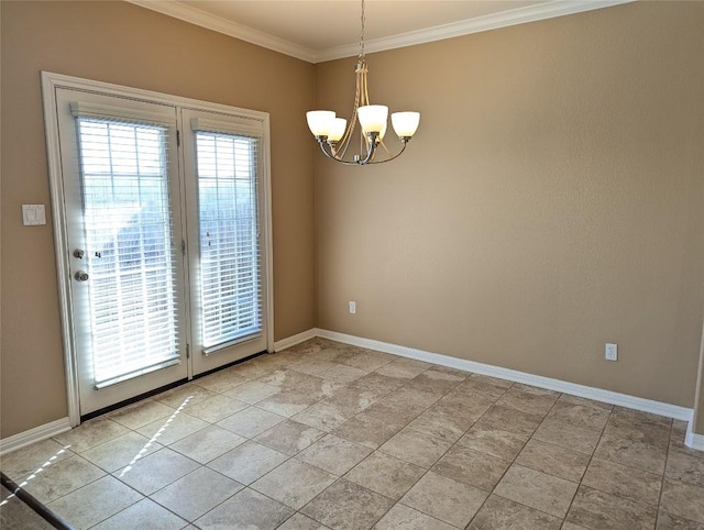 empty room with crown molding, stone finish floor, an inviting chandelier, and baseboards