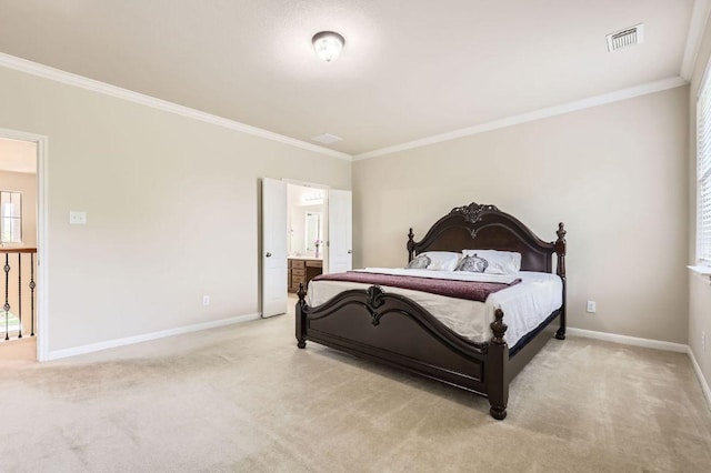 2920 Agave Loop, Round Rock, TX 78681 - bedroom with crown molding, light colored carpet, and connected bathroom