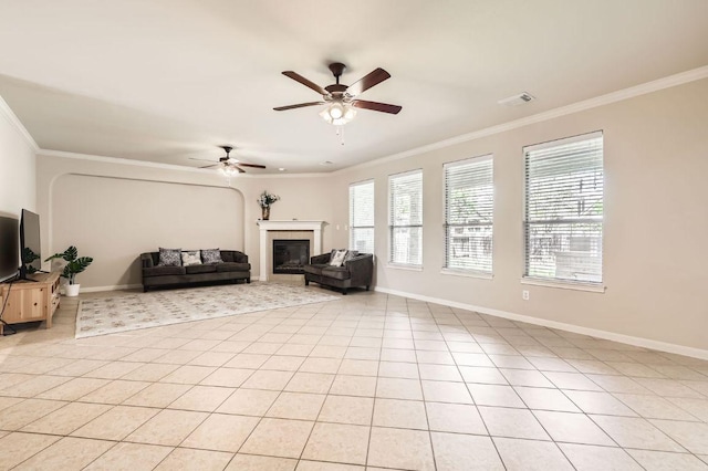 2920 Agave Loop, Round Rock, TX 78681 - living room with a ceiling fan, crown molding, a fireplace, and light tile patterned floors