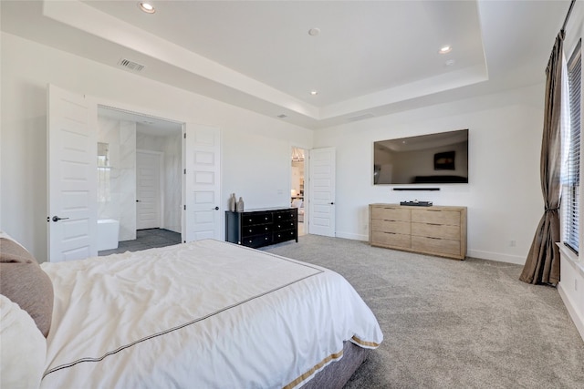 bedroom with recessed lighting, carpet, baseboards, a raised ceiling, and visible vents