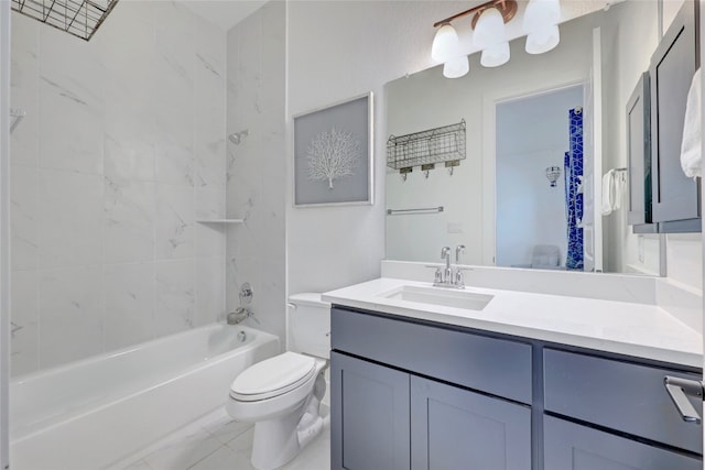 full bathroom with toilet, vanity, and bathing tub / shower combination