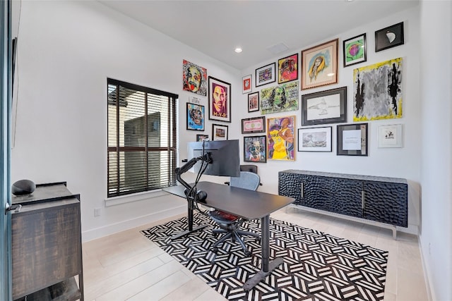 office area featuring wood finished floors, baseboards, and recessed lighting