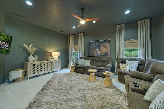 1174 Royal Eagle Dr, Fischer, TX 78623 - living room featuring a ceiling fan, plenty of natural light, and recessed lighting