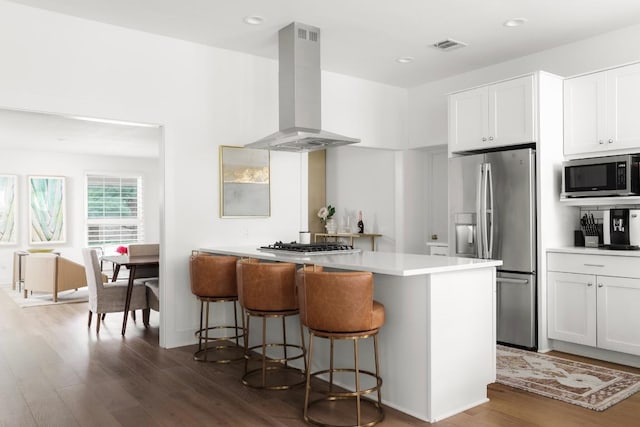 2517 Exposition Blvd, Austin, TX 78703 - kitchen featuring stainless steel appliances, island range hood, wood finished floors, a breakfast bar, and white cabinets