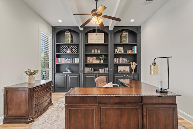 home office featuring visible vents, beamed ceiling, ceiling fan, built in shelves, and light wood-type flooring