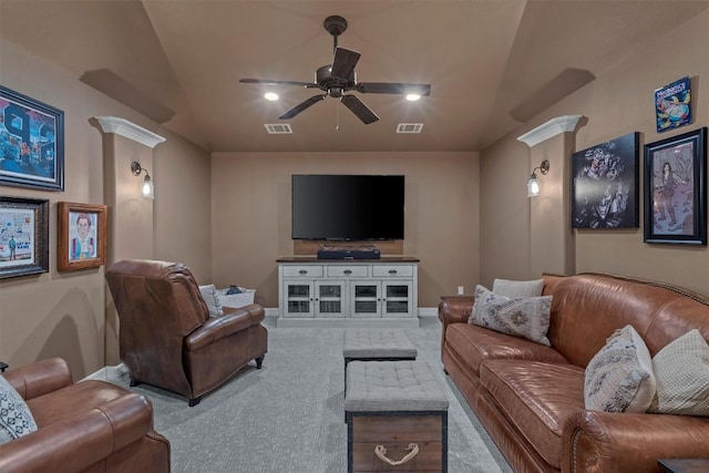 436 Santaluz Path, Austin, TX 78732 - home theater with carpet flooring, ceiling fan, baseboards, and lofted ceiling