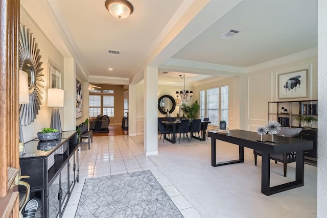 office area with light tile patterned flooring, visible vents, crown molding, and an inviting chandelier