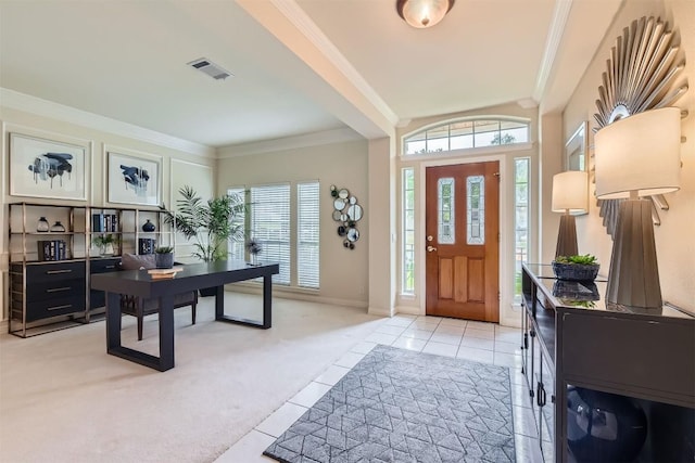 11100 Comiso Pala Path, Austin, TX 78726 - entryway featuring ornamental molding, light tile patterned flooring, and light colored carpet