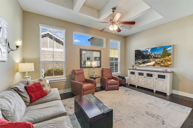 928 Sugaree Ave, Austin, TX 78757 - living area with dark wood-style flooring, a ceiling fan, baseboards, healthy amount of natural light, and coffered ceiling