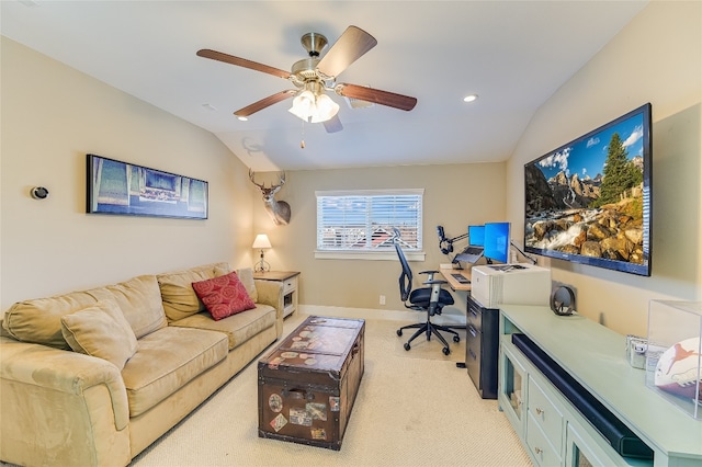 928 Sugaree Ave, Austin, TX 78757 - office featuring lofted ceiling, light colored carpet, ceiling fan, baseboards, and recessed lighting