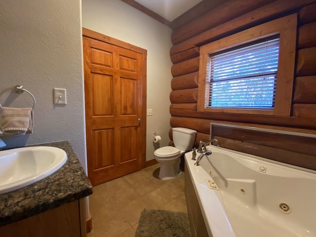 2550 Fm 2342 Hero'S Hideaway, Unit Heros Hideaway, Burnet, TX 78611 - full bath with rustic walls, a tub with jets, vanity, and tile patterned floors