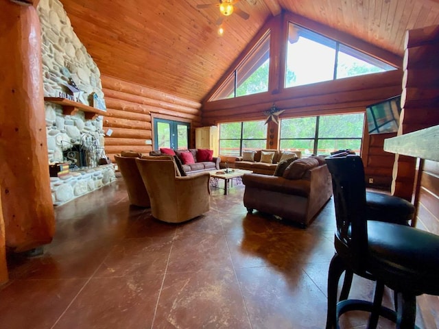 2550 Fm 2342 Hero'S Hideaway, Unit Heros Hideaway, Burnet, TX 78611 - living area featuring wooden ceiling, high vaulted ceiling, rustic walls, ceiling fan, and a fireplace