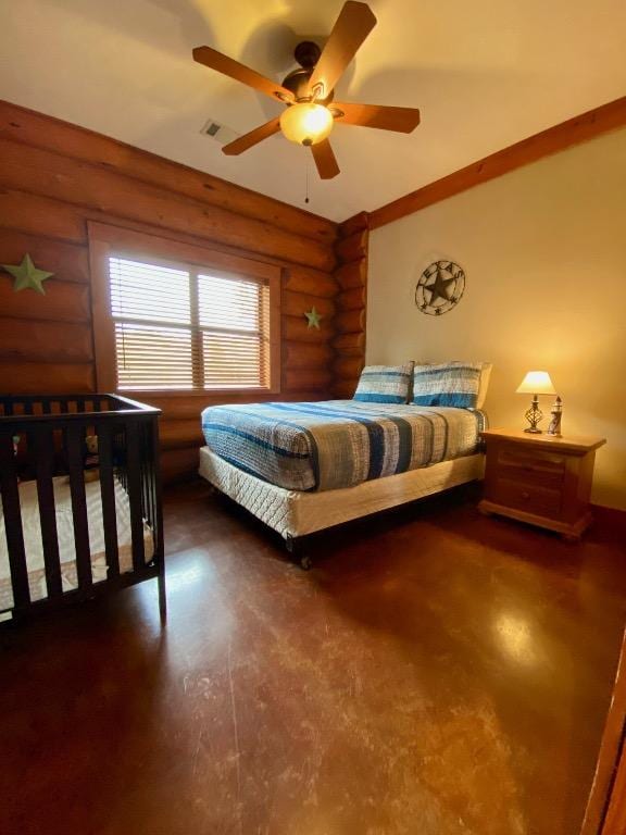 2550 Fm 2342 Hero'S Hideaway, Unit Heros Hideaway, Burnet, TX 78611 - bedroom featuring log walls, vaulted ceiling, and a ceiling fan