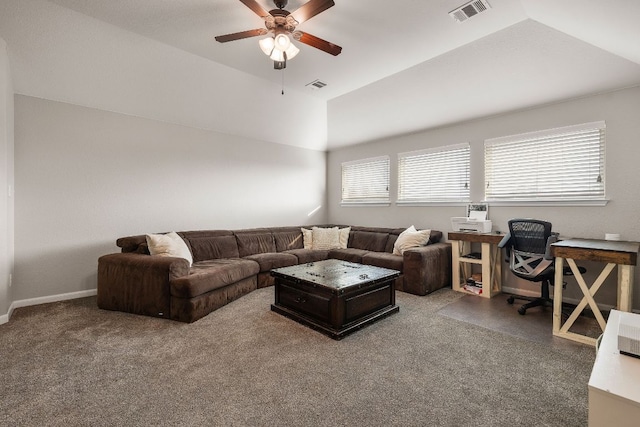 living area with a ceiling fan, baseboards, vaulted ceiling, and visible vents