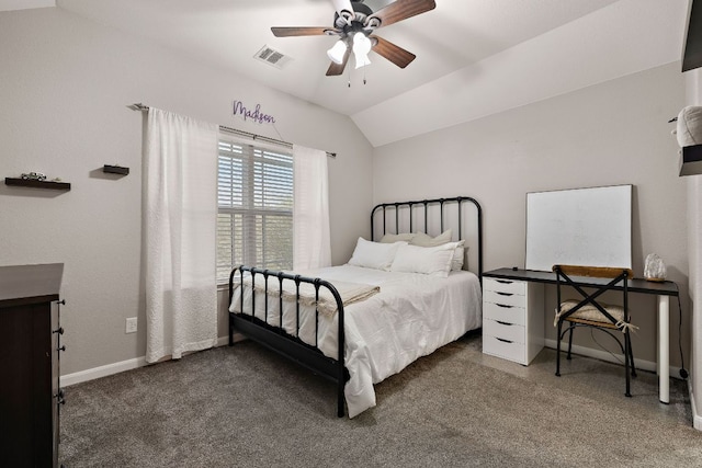 bedroom featuring a ceiling fan, baseboards, lofted ceiling, and visible vents