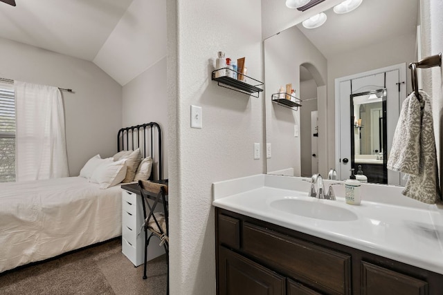 bathroom featuring lofted ceiling and vanity