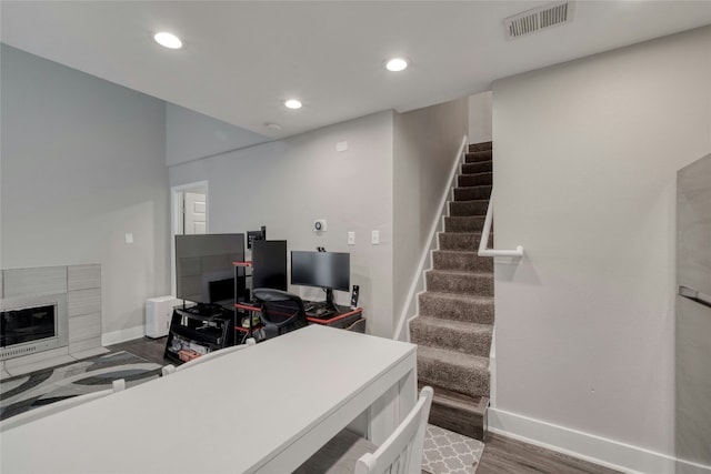 office area featuring wood finished floors, recessed lighting, baseboards, and visible vents