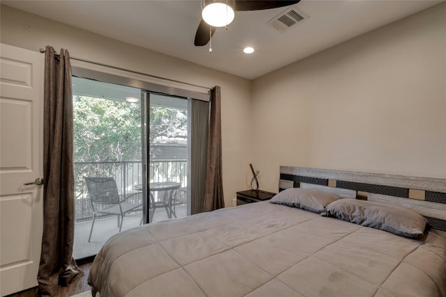 bedroom featuring a ceiling fan, recessed lighting, access to outside, and visible vents