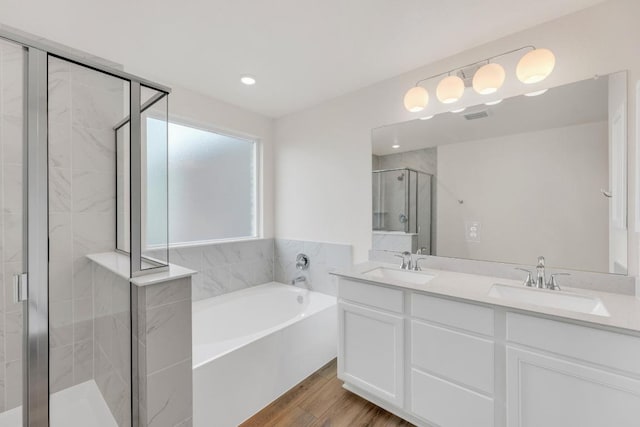 4915 Mozzafiato Ln, Round Rock, TX 78665 - bathroom featuring a bath, double vanity, a shower stall, and wood finished floors