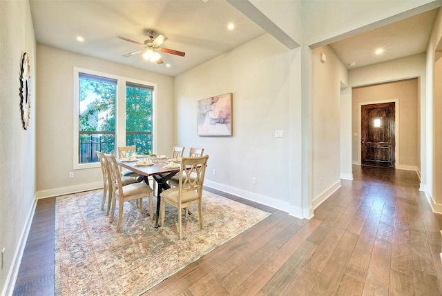 12113 Beautybrush Dr, Austin, TX 78738 - dining space with a ceiling fan, hardwood / wood-style flooring, and recessed lighting