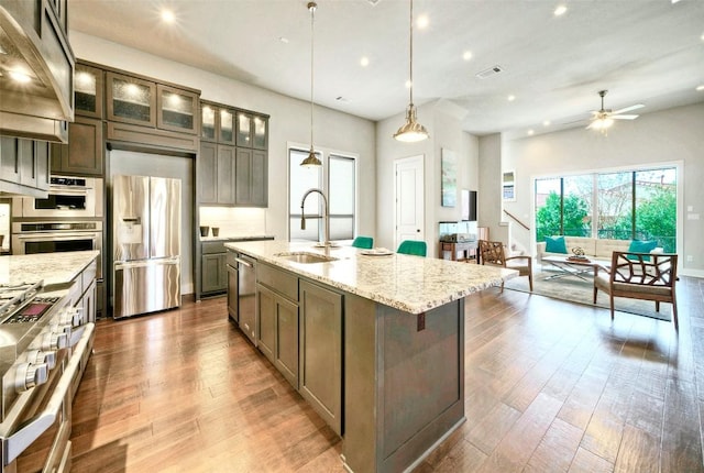 12113 Beautybrush Dr, Austin, TX 78738 - kitchen featuring appliances with stainless steel finishes, hardwood / wood-style flooring, ceiling fan, custom exhaust hood, and light stone counters