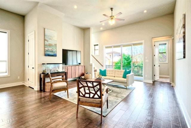 12113 Beautybrush Dr, Austin, TX 78738 - living area featuring ceiling fan, wood finished floors, recessed lighting, and stairway