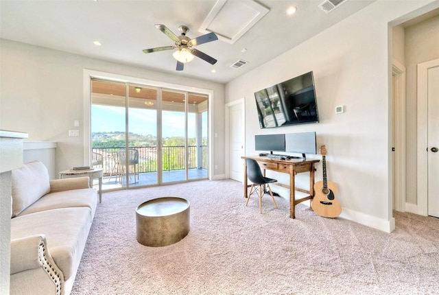 12113 Beautybrush Dr, Austin, TX 78738 - office area with carpet flooring, a ceiling fan, and recessed lighting