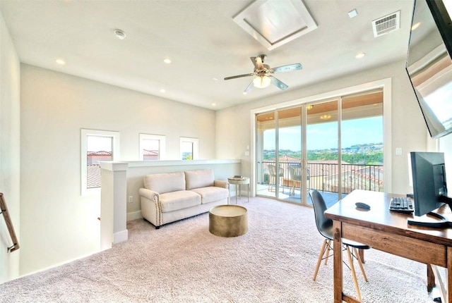 12113 Beautybrush Dr, Austin, TX 78738 - living room with carpet floors, a desk, recessed lighting, and ceiling fan